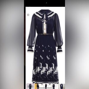 Zimmermann Navy and White Pleated Sailboat Midi Dress with Bow Neck